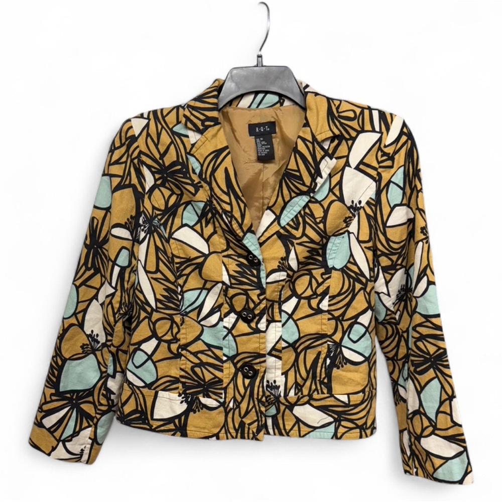 R·Q·T Vintage Botanical Print Blazer - Mustard Yellow & Teal Floral - Size 10